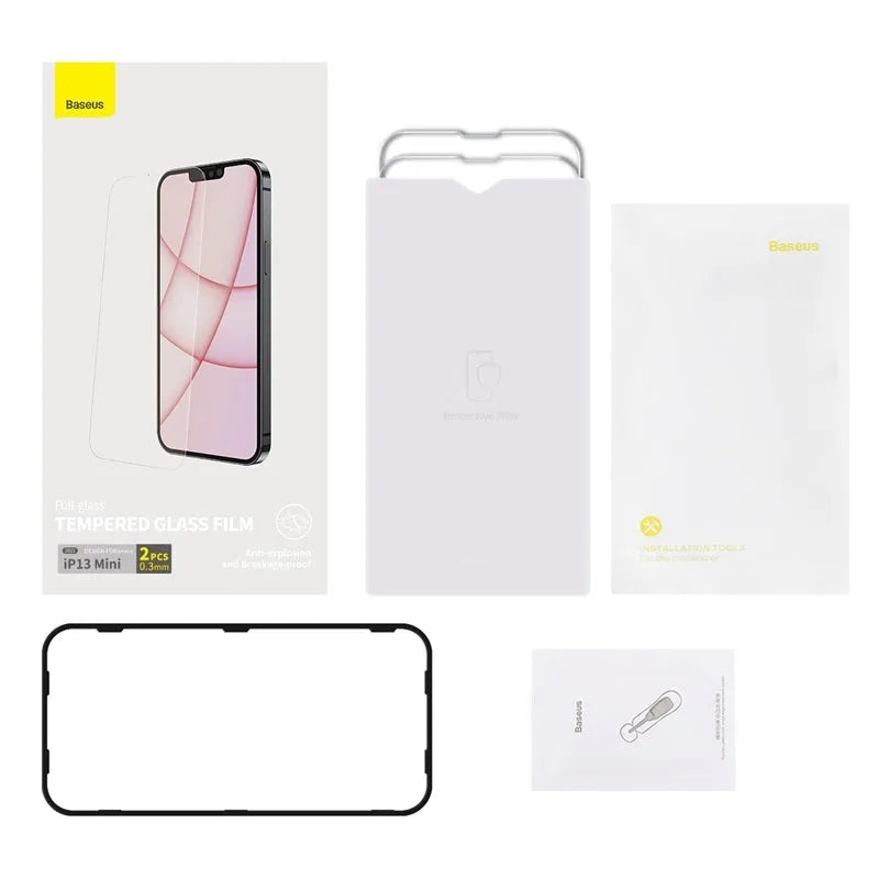 Transparent tempered glass screen protector for iPhone 13 5.4 inch model with cleaning bag and fitting artefact
