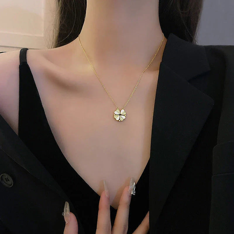 Shopfluxpro_NZ Stunning Four-Leaf Clover Necklace: Luxurious Stainless Steel Charm with Crystal Heart