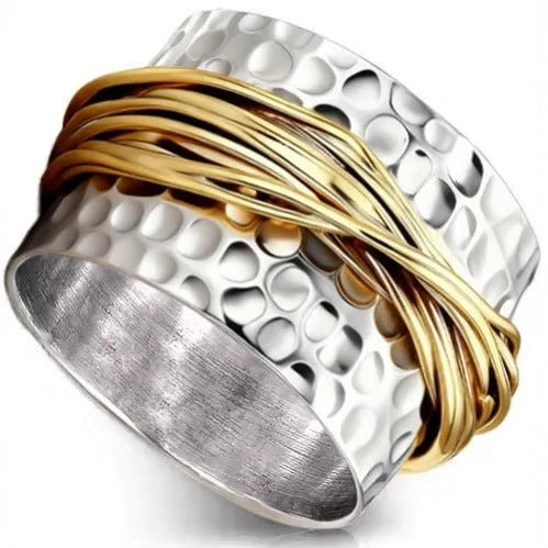 Two-tone alloy ring with hammered metal coil design in sizes no.6 to no.10