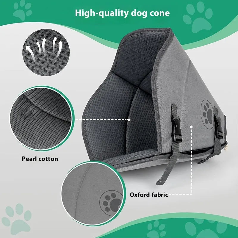 Soft adjustable polyester collar for dog or cat post-surgery recovery, shown in sizes L, M, XL.