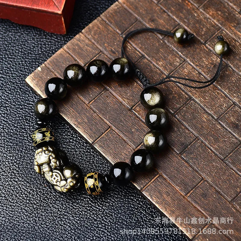 Hand-woven golden obsidian Pi Xiu bracelet with Chinese zodiac design