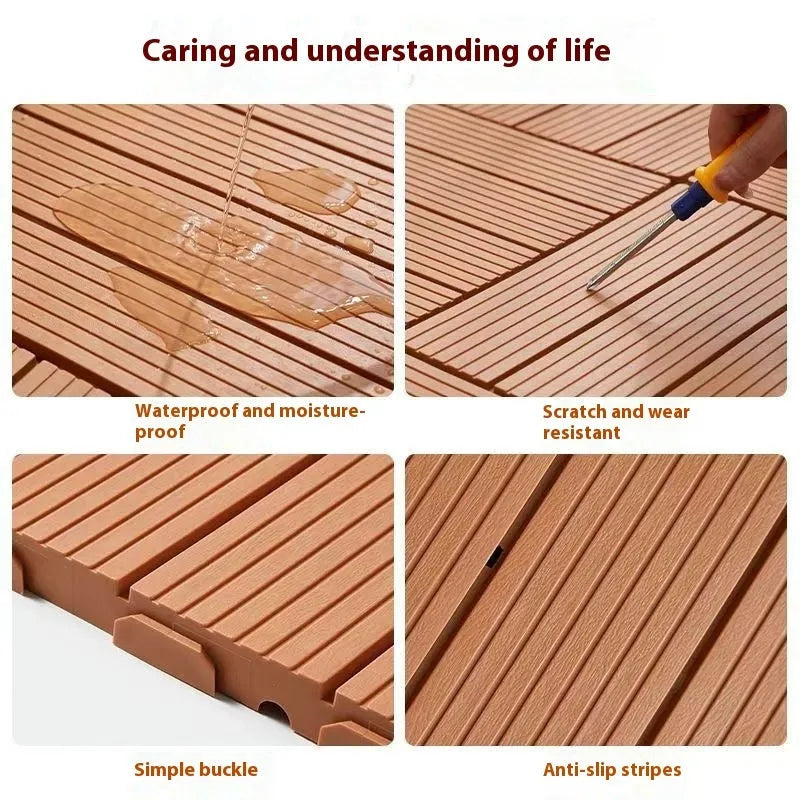 Ten wood grain style plastic floor tiles showing splicing edges and non-slip surface texture.