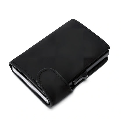 Black Crazy Horse leather aluminium card case wallet, 9.5 cm slim design with magnetic buckle and coin slot