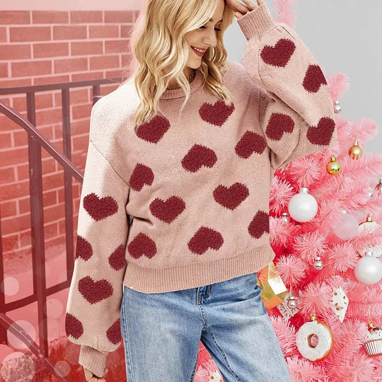 Loose pullover sweater with pink heart jacquard pattern, acrylic knit, Valentine's Day design