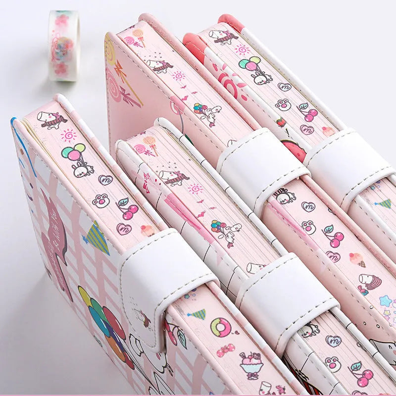 Small white magnetic buckle notebook with bear hippo design and 224 pages