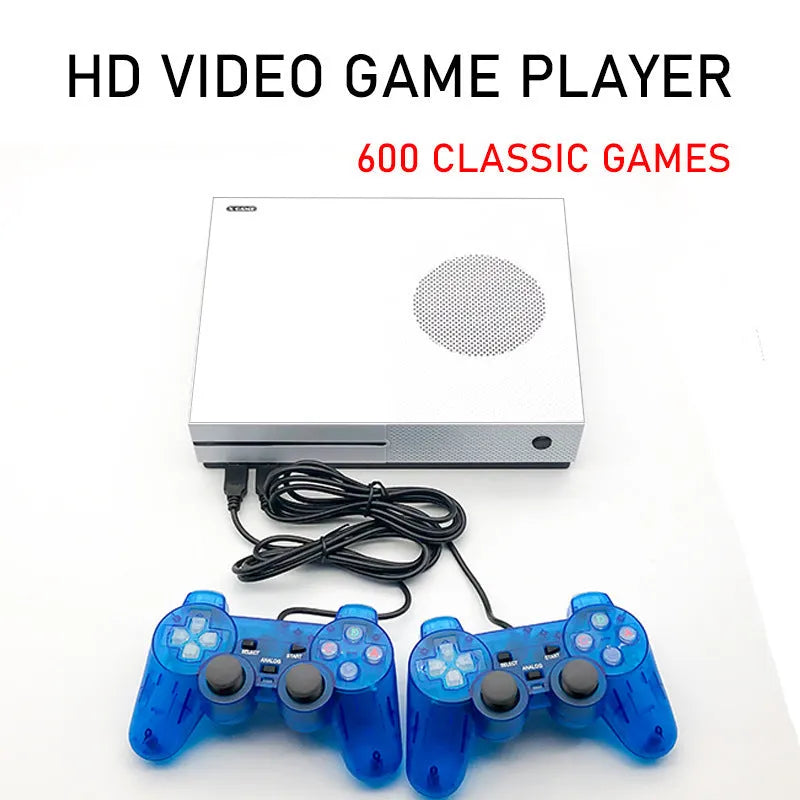 White wired Arcade Xgame joystick TV game console with two controllers, HDMI and AV cables on a table