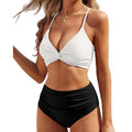 Women's polyester twist bag strap high-waist bikini in blue colour, model front view