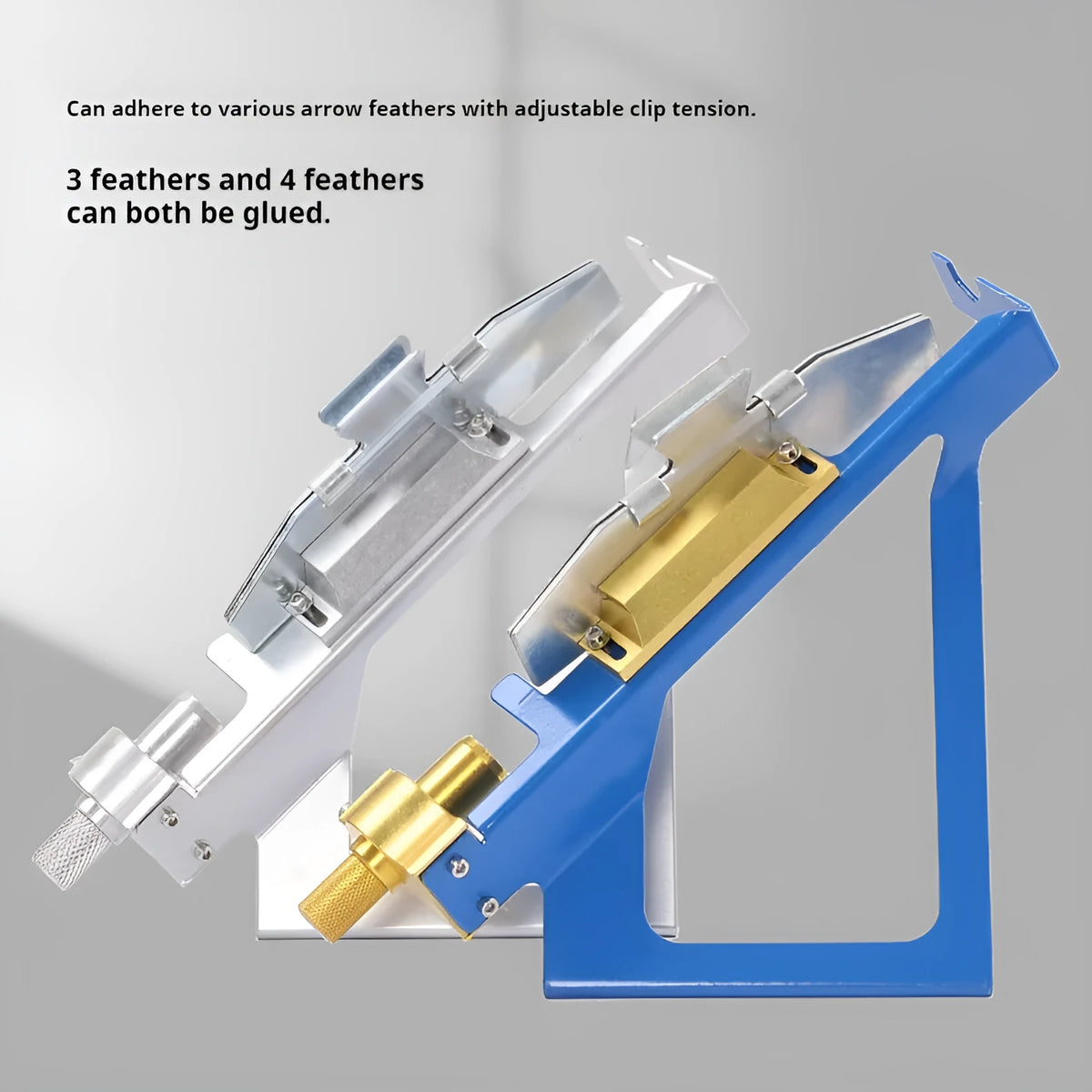SPG metal arrow fletching jig in blue colour with stainless steel finish on white background