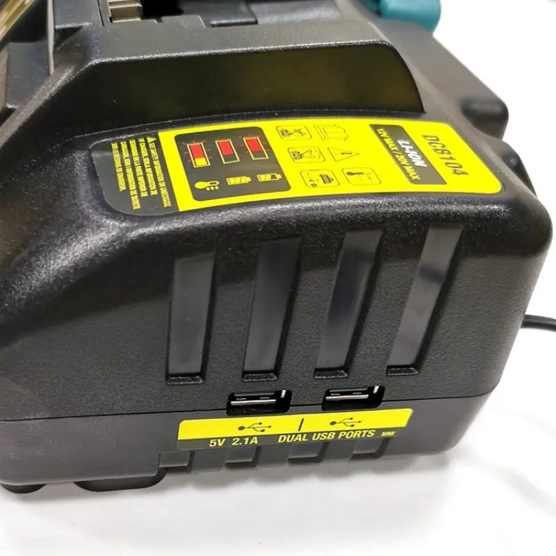 Black four-port multi-function fast charger for electric tools with 14.4V-18V output and 12A total current