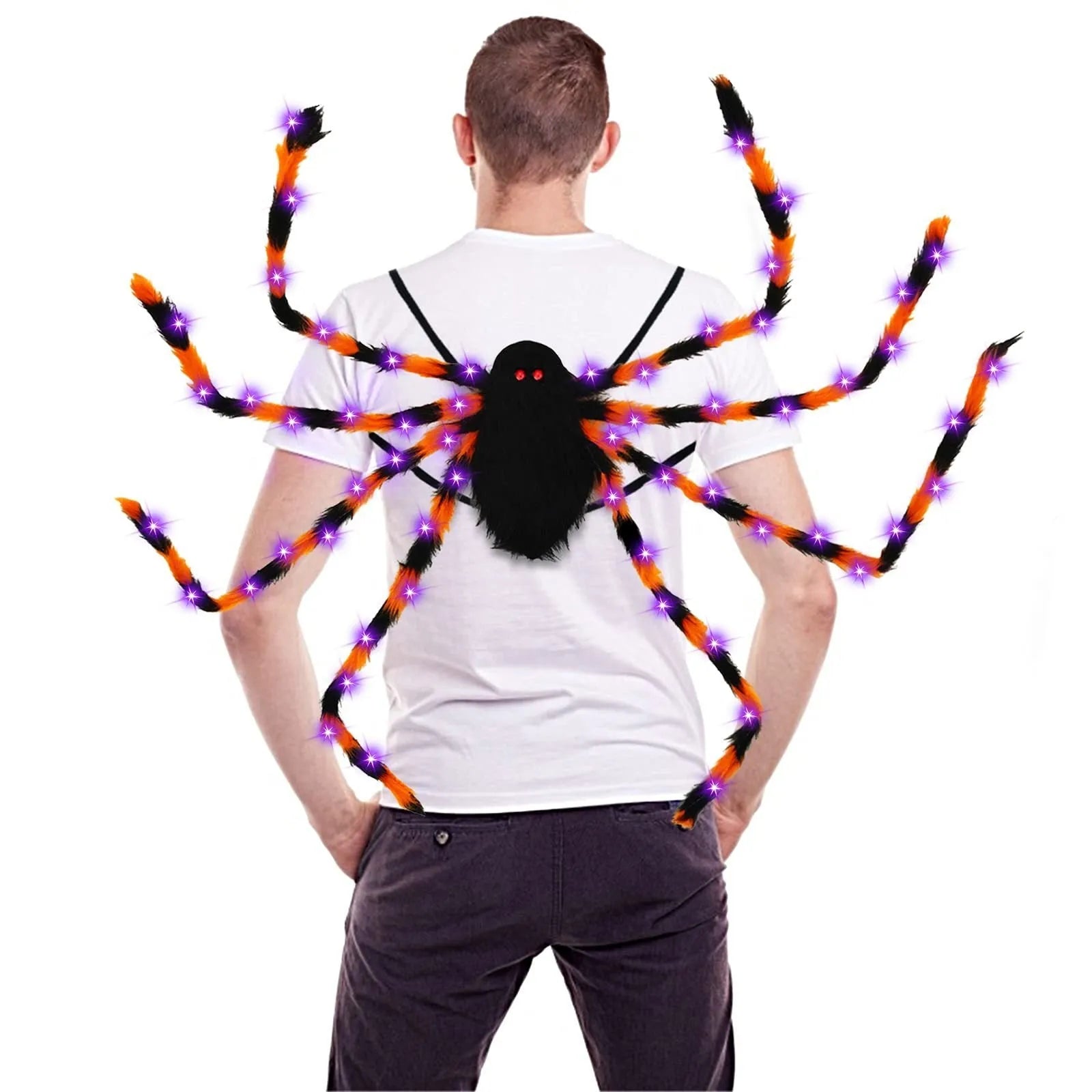 Plush Halloween spider backpack with LED lights in a green purple light colour variant.