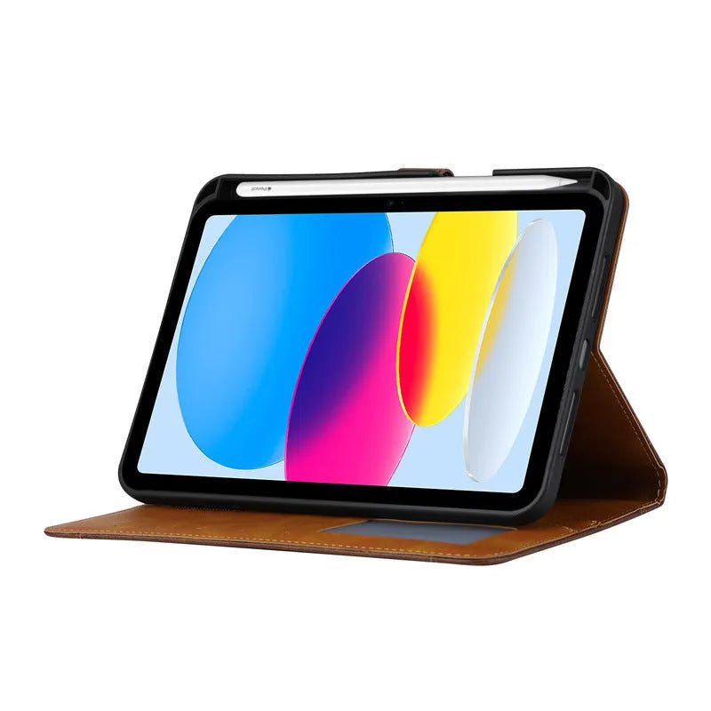 Classic kneading leather flip protective cover for Apple iPad in black, dark brown, and red colours.