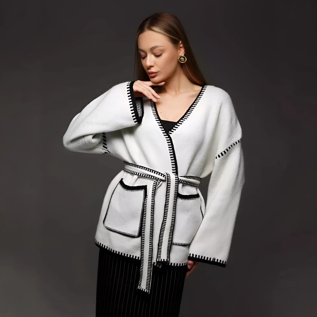 Loose lace-up knitted cardigan sweater coat in thick imitation cashmere fabric