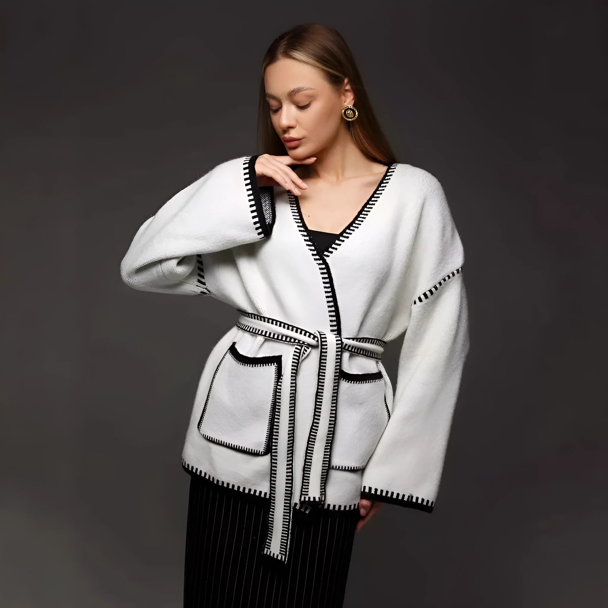 Loose lace-up knitted cardigan sweater coat in thick imitation cashmere fabric