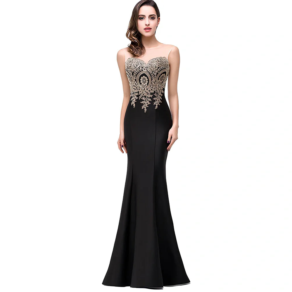 Women's black fishtail maxi dress with 20 cm hollow back applique and 100 cm length in size M