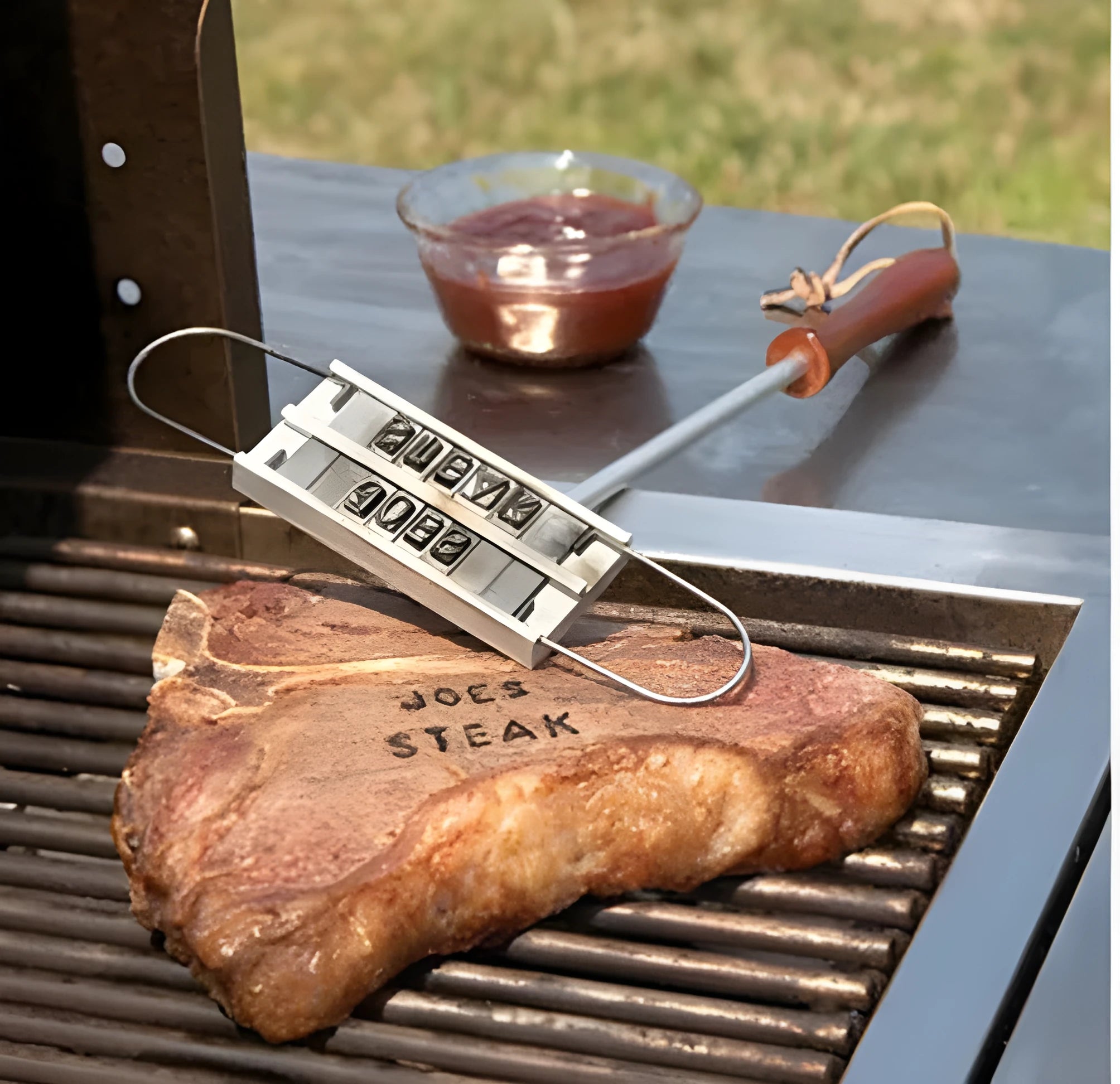 Silver aluminium alloy BBQ branding iron with 55 letters and 8 spaces for personalised meat stamping on a wooden surface