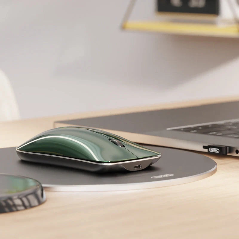 Ultra-thin silent wireless rechargeable Bluetooth mouse in blue, green, and silver