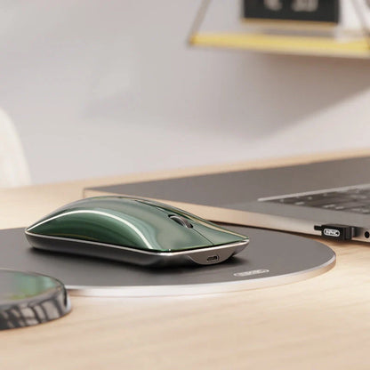 Ultra-thin silent wireless rechargeable Bluetooth mouse in blue, green, and silver