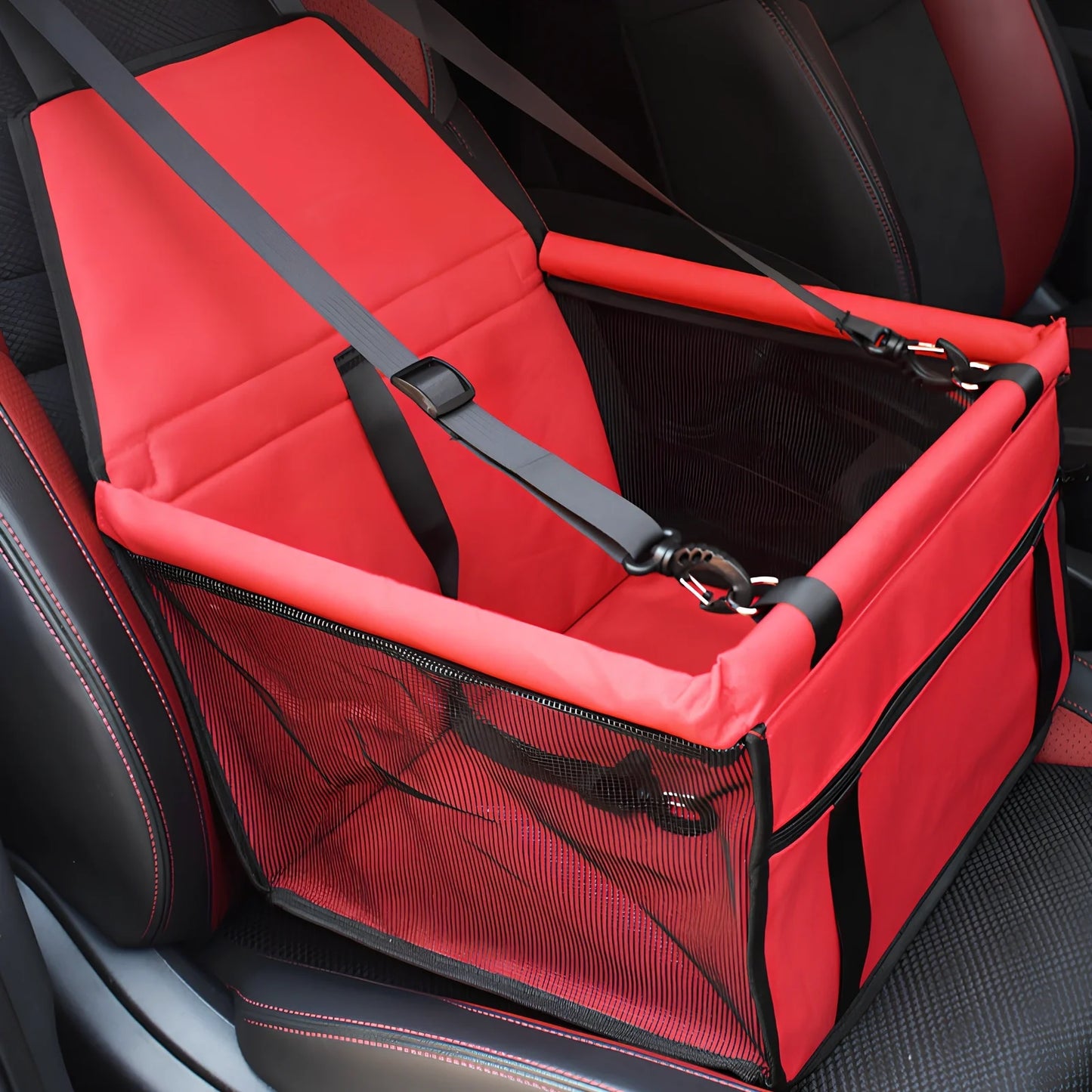 Waterproof pet car mat with headrest straps installed in vehicle, showing storage compartment and dimensions 400x300mm