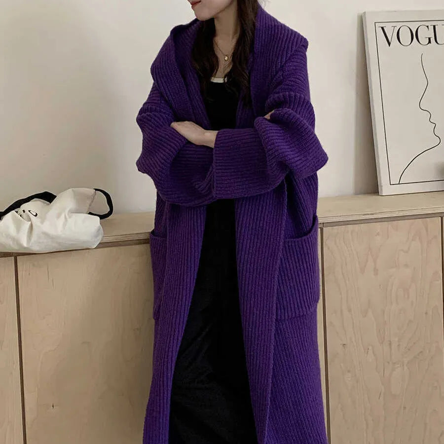 Loose hooded cardigan coat in extended 80cm length with raglan sleeves