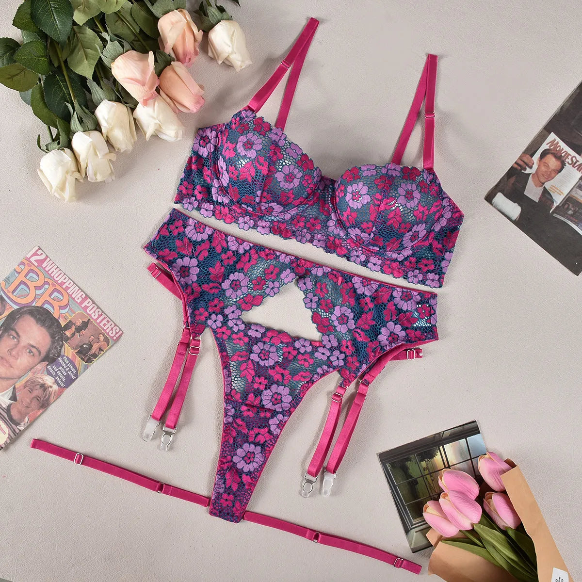 Rose red women's bikini with contrast colour embroidery, polyester swimwear set