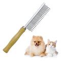 Wooden handle pet grooming comb for dogs and cats with round-tip metal teeth.