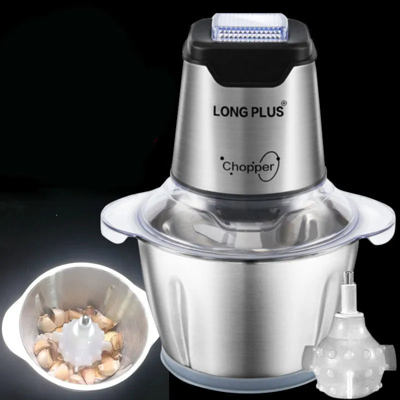 LONG PLUS white electric meat grinder and garlic peeler appliance on a kitchen counter