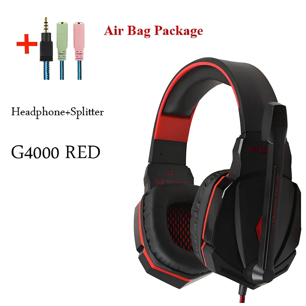 Black and red wired gaming headset with 40mm speakers, microphone, and 2.1m braided cable for surround sound gaming