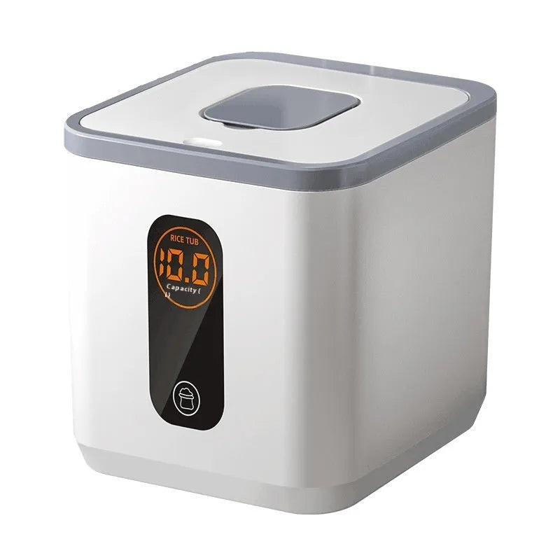 Grey plastic insect-proof sealed rice storage jar with a measuring cup, shown in a kitchen setting.