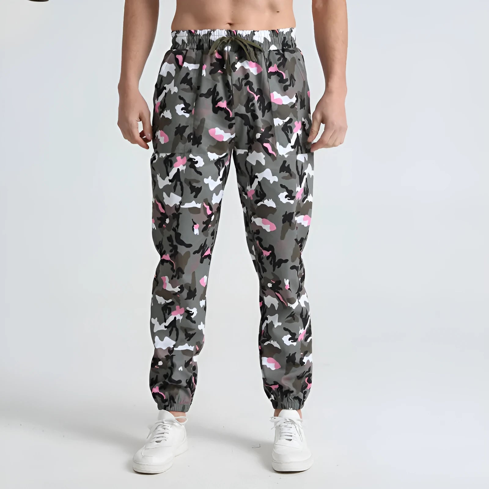 Men's sports casual camouflage trousers in army green pattern, full length, polyester fabric