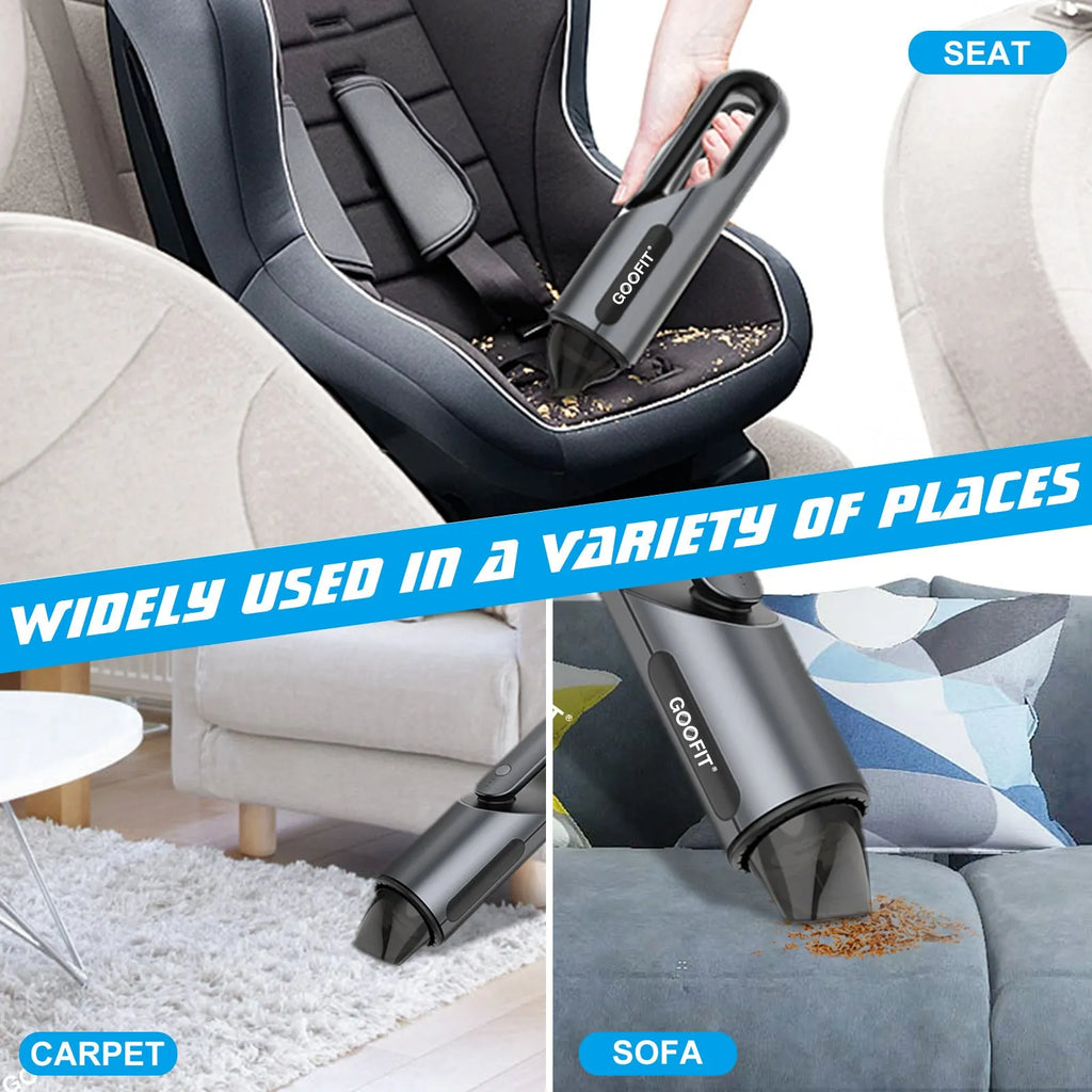 Black wireless handheld car vacuum cleaner with brush and flat attachments on a car seat