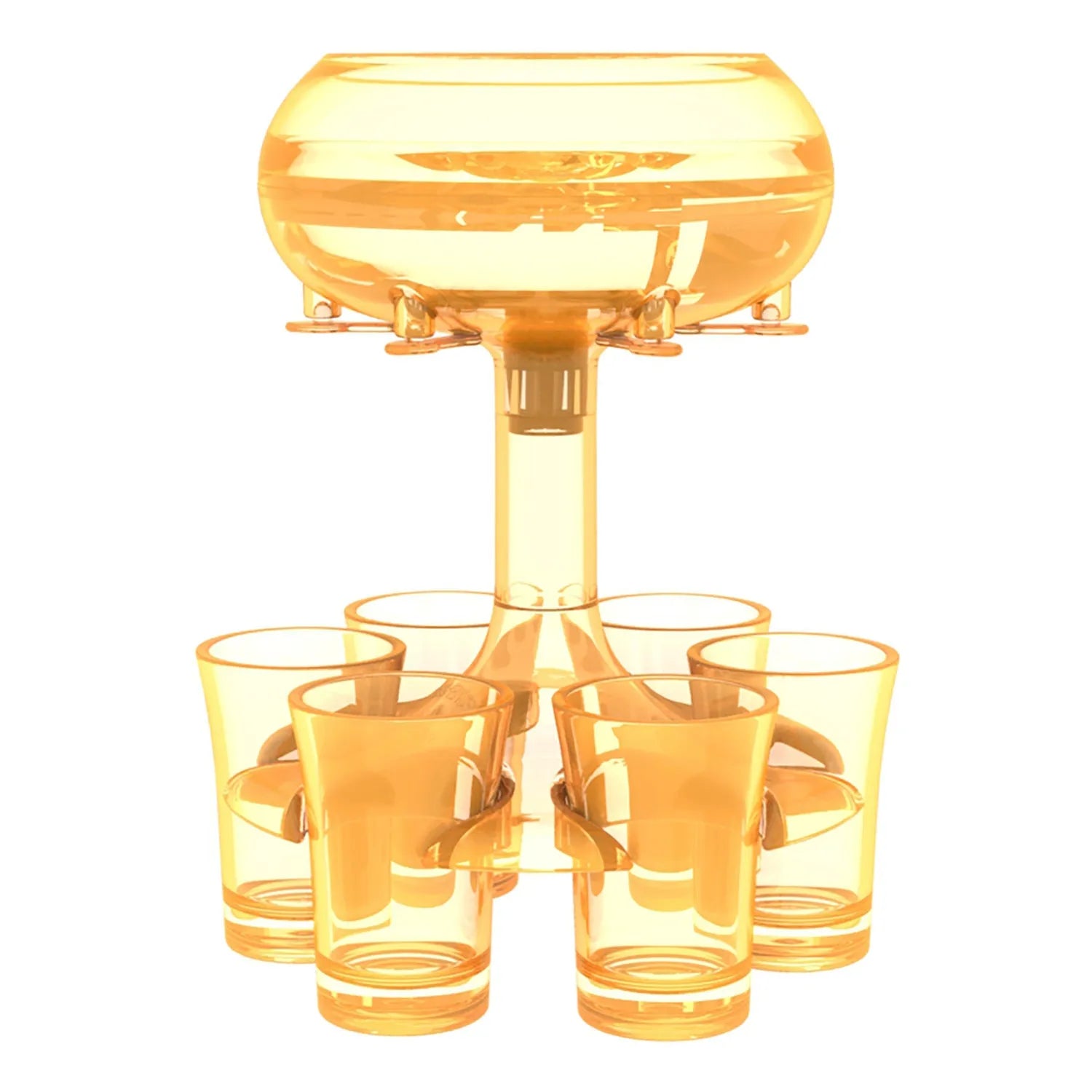 Clear six-shot glass dispenser rack holding six shot cups, bar accessory for parties.