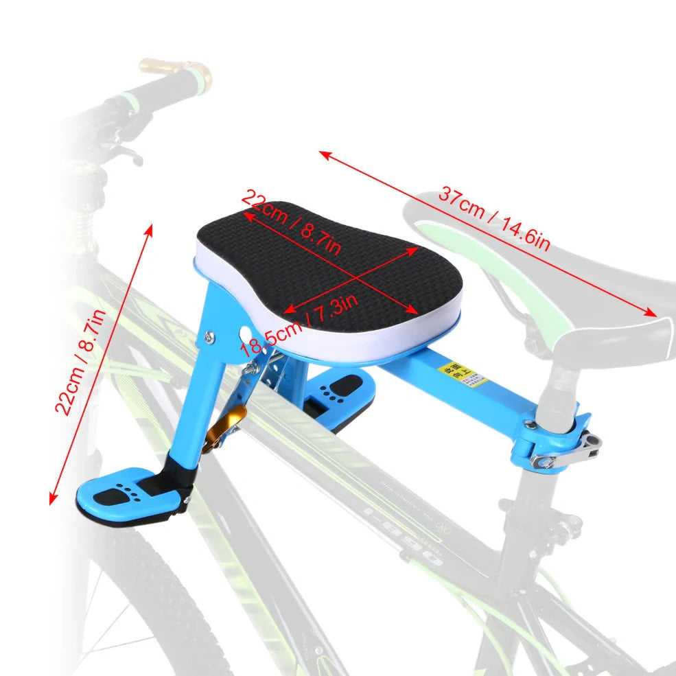 Front-mounted bicycle child seat with foldable pedals and quick-release clamp for 31.8mm seatposts