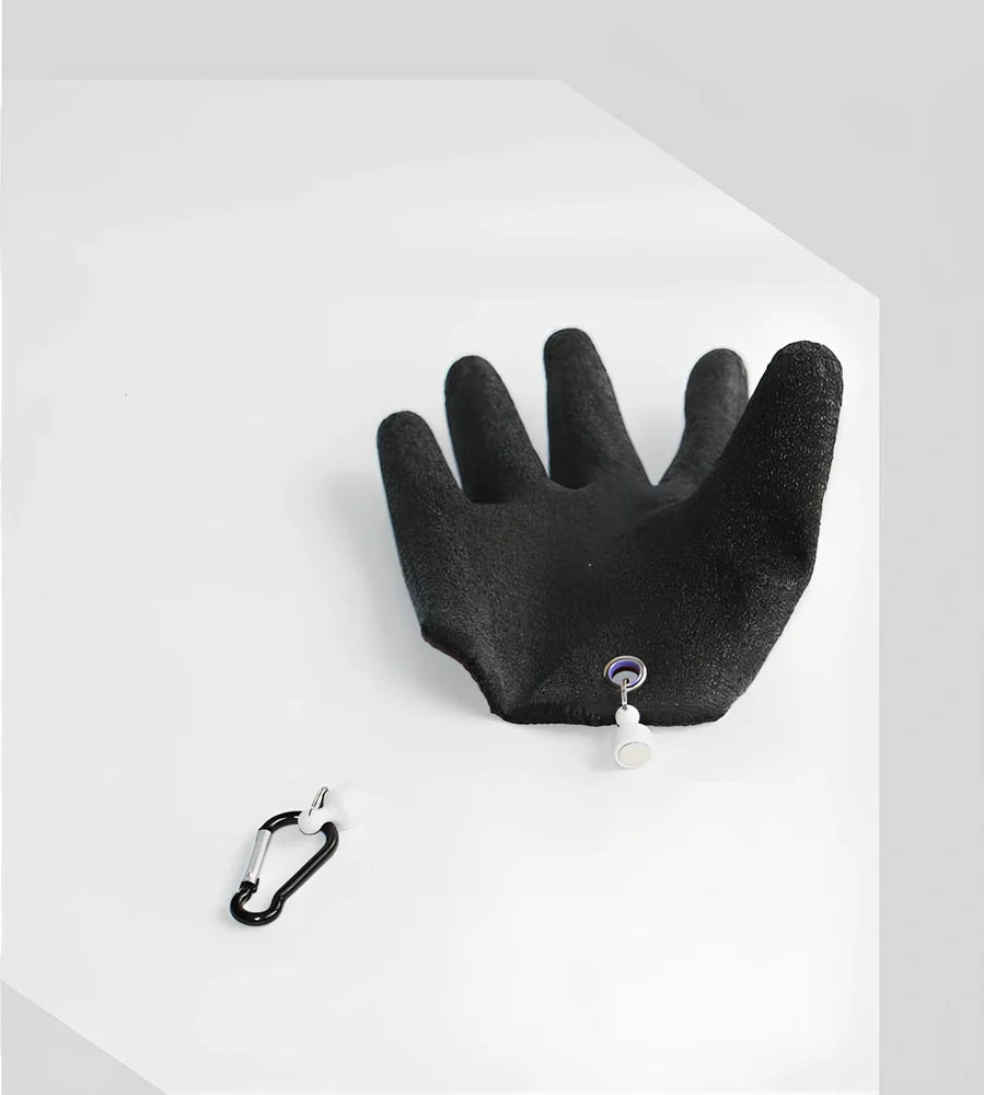 Purple anti-slip fishing gloves with latex coating and magnetic clip for puncture protection in left or right hand, 25cm length