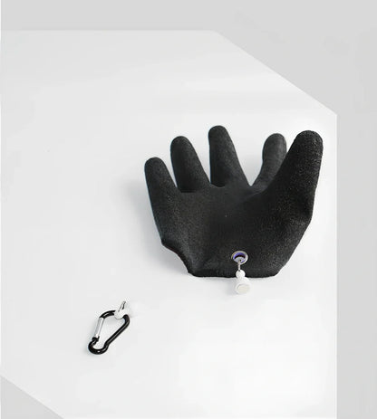 Purple anti-slip fishing gloves with latex coating and magnetic clip for puncture protection in left or right hand, 25cm length