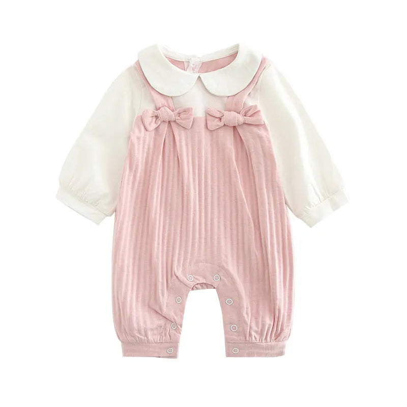Pink cotton baby jumpsuit with embroidery and long sleeves for girls