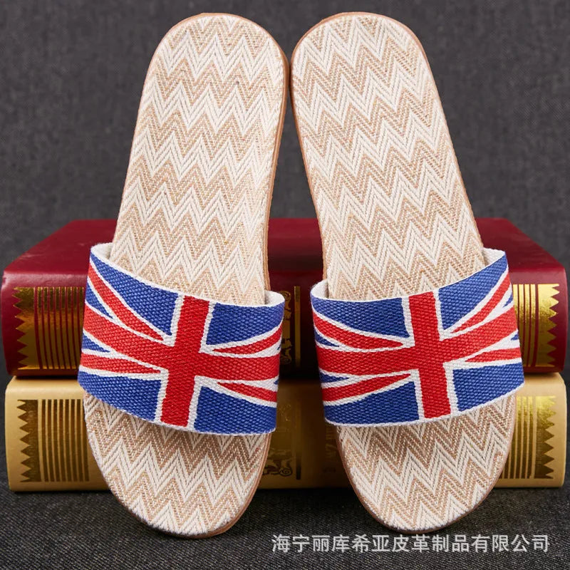 Linen open-toe home slippers with EVA sole in woven blue colour on a light background