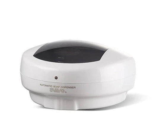 White wall-mounted automatic soap dispenser with touch-free operation