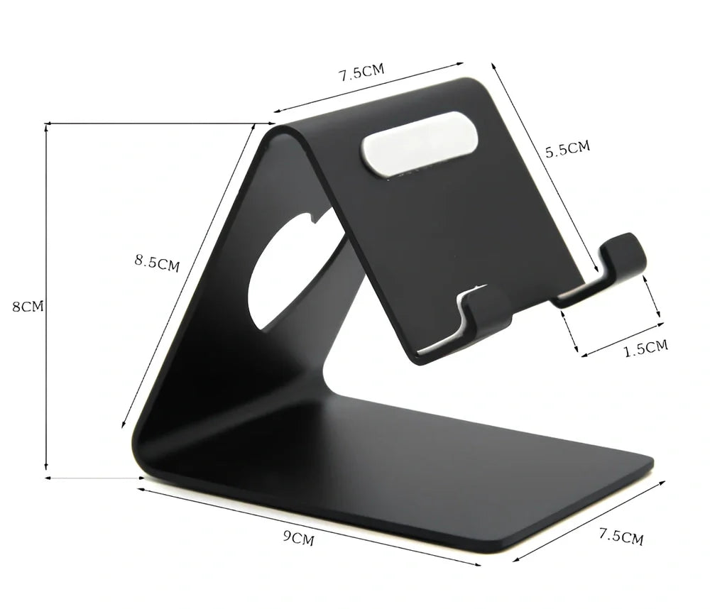 Adjustable black or silvery aluminium stand propping phone and tablet at 20cm height on desk