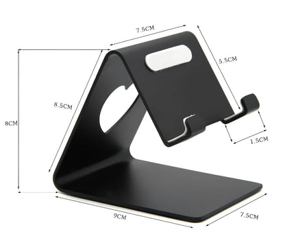 Adjustable black or silvery aluminium stand propping phone and tablet at 20cm height on desk