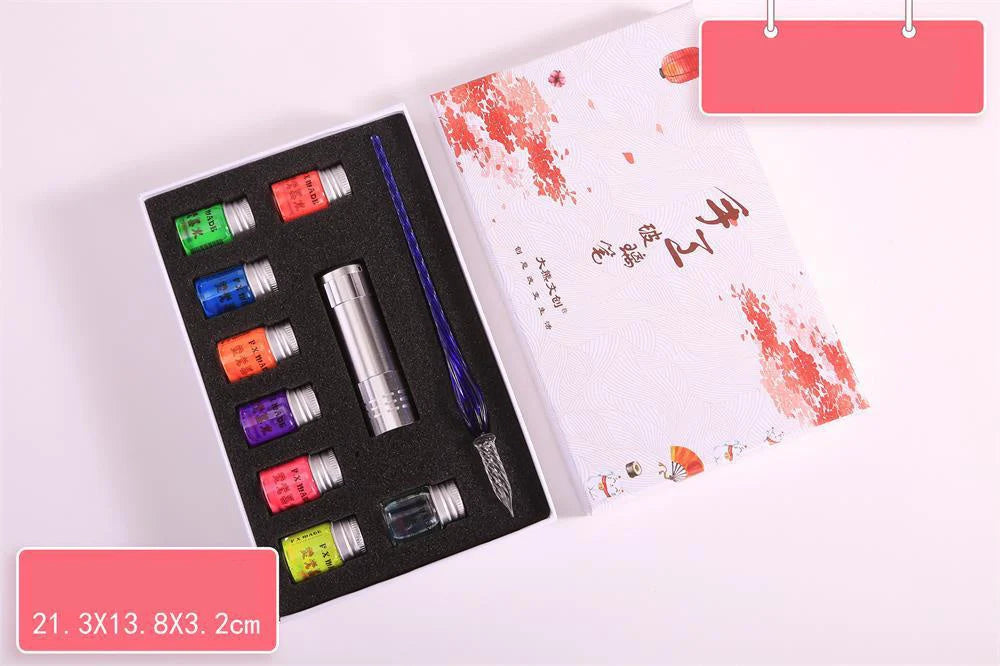 Fluorescent fountain pen dip ink set with 8 glowing colours in borosilicate glass bottles