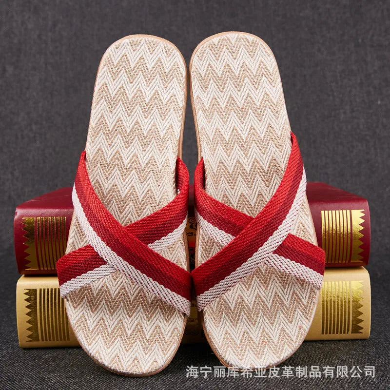 Linen open-toe home slippers with EVA sole in woven blue colour on a light background