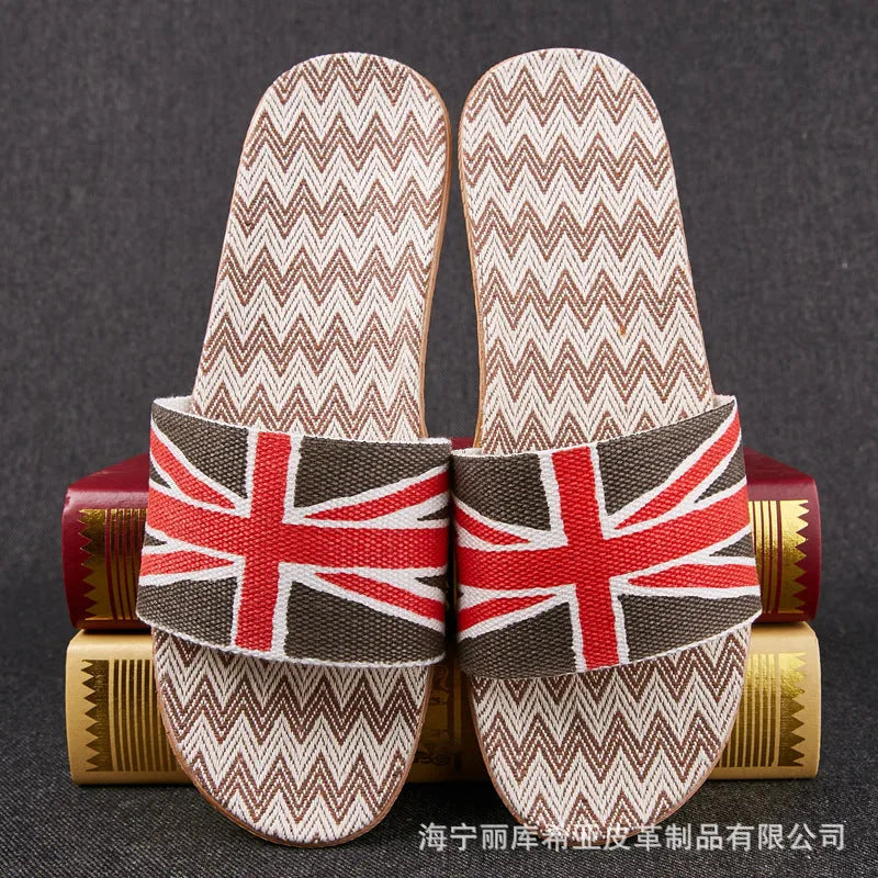Linen open-toe home slippers with EVA sole in woven blue colour on a light background