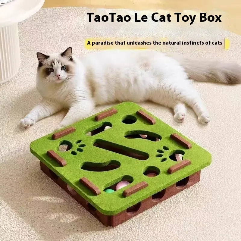 Green brown felt cube cat scratching toy with hollow centre for play.