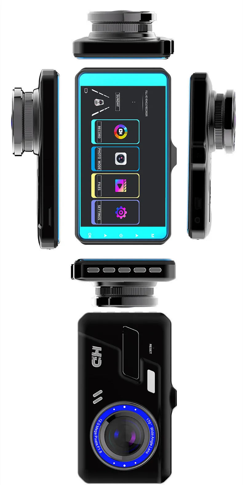 Black dual lens car dash cam with 4-inch touch screen display