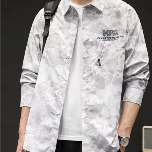 Men's retro Japanese camouflage linen long sleeve shirt in Army Green, front view