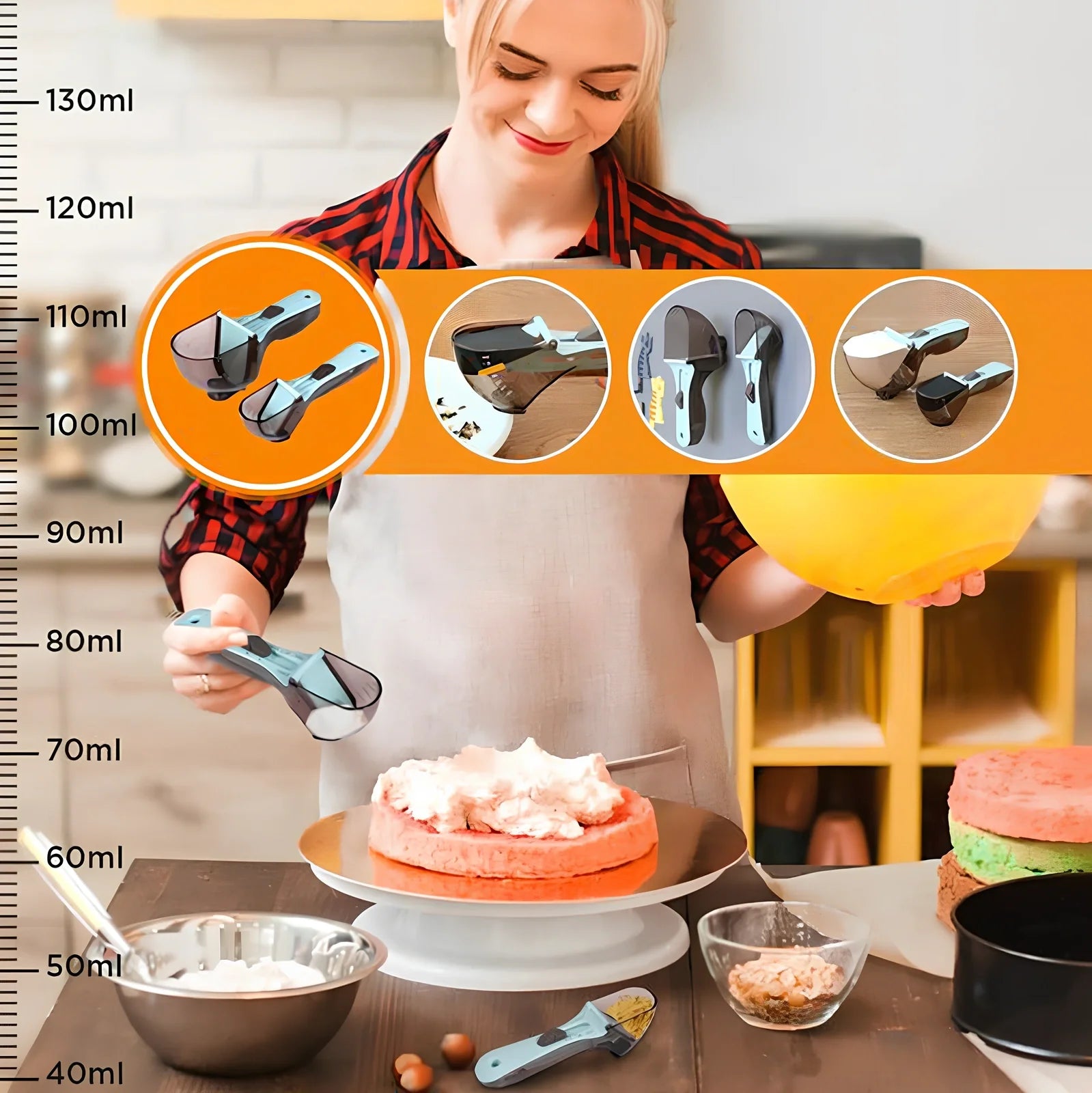 Blue adjustable measuring spoons with magnetic base showing measurement markings from 5ml to 130ml