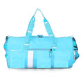 Large cylindrical nylon fitness bag in purple with printed letters pattern, zipper opening, and soft handle