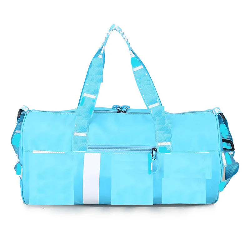Large cylindrical nylon fitness bag in purple with printed letters pattern, zipper opening, and soft handle