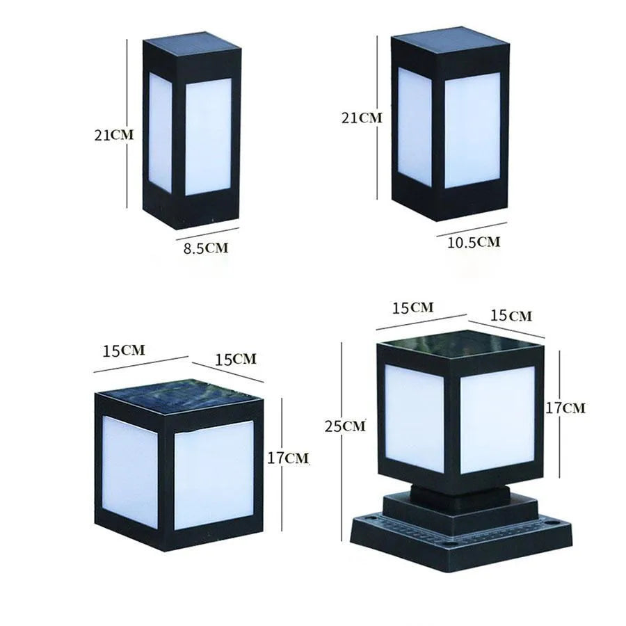 Solar-powered waterproof garden light installed on a lawn post providing white LED illumination.