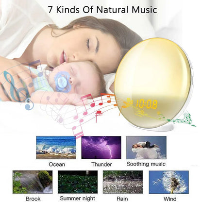 Sunrise alarm clock with gradual lighting, nature sounds, and colour customization